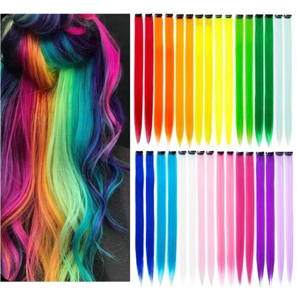 32Packs Colored Hair Extensions 20Inch Straight Color Clip in on Hair Extension - Picture 1 of 8